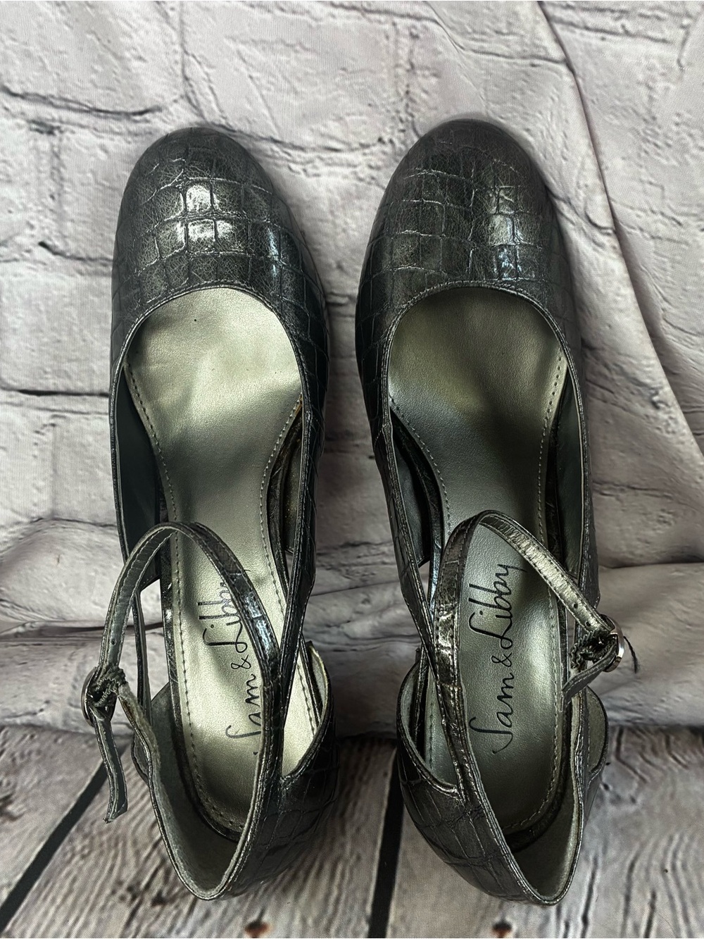 Cybercorp Goth Metal Career Office Siren Pewter Croc Embossed Mary Jane Pumps 10 - Picture 7 of 11